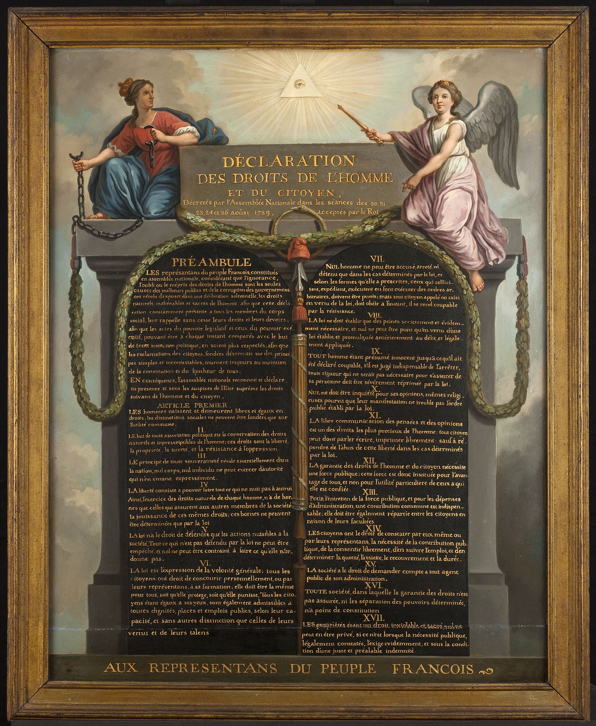 An allegorical painting of the Declaration of the Rights of Man on two tablets, framed by figures and a radiant eye of reason.