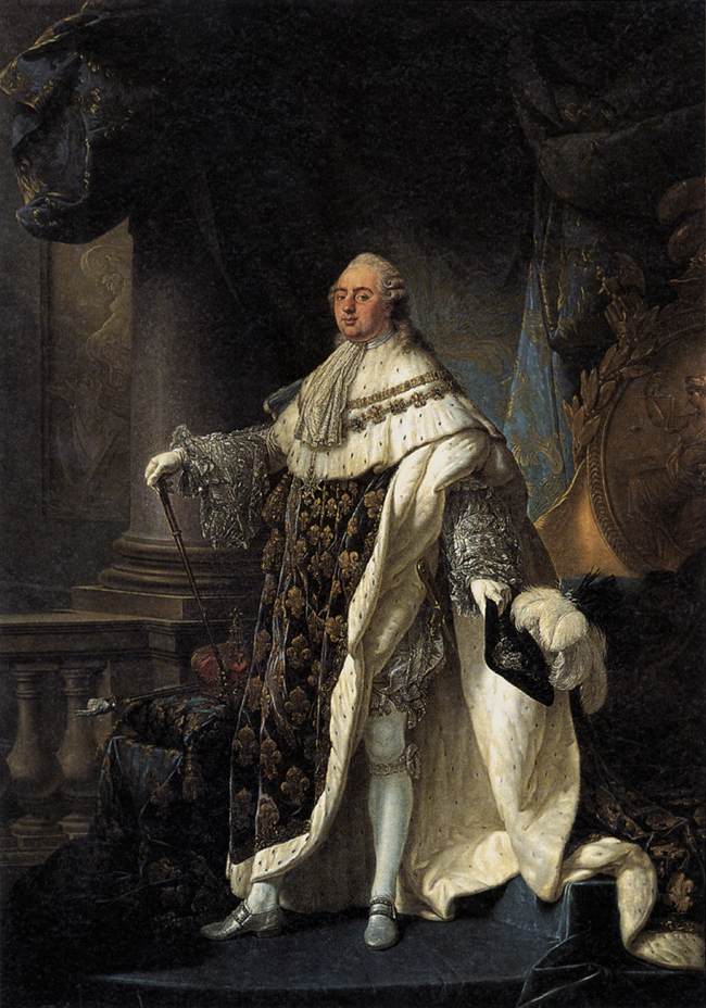 A full-length painted portrait of Louis XVI in ermine-lined coronation robes, holding a sceptre, standing beside the crown.