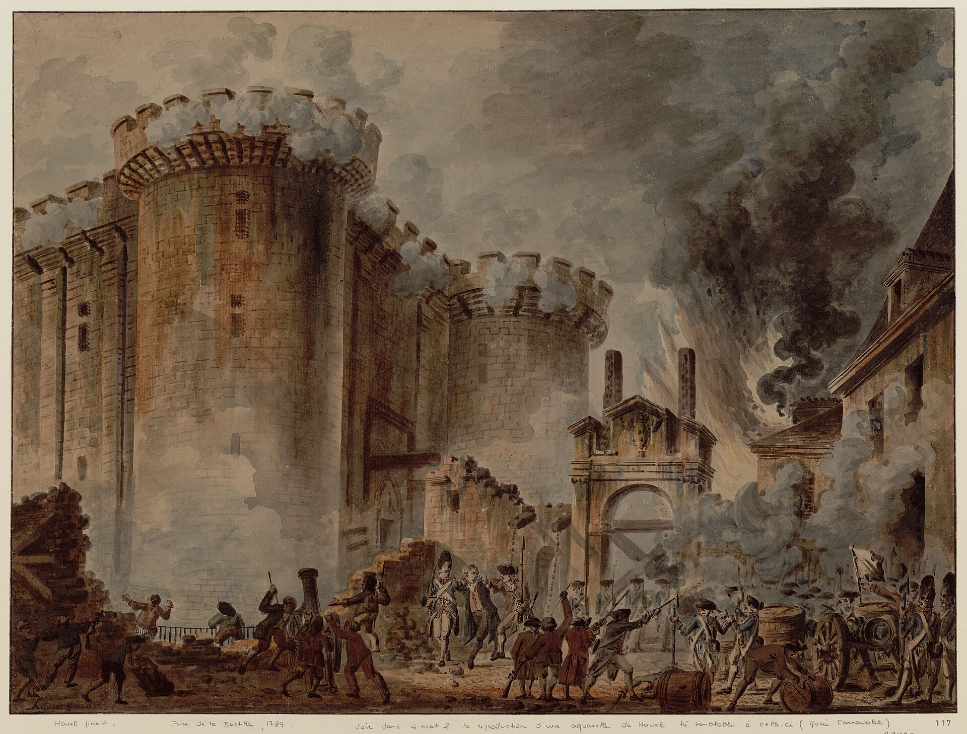 A watercolour of the Bastille under attack: crowds and smoke surround the fortress as its defences are stormed.