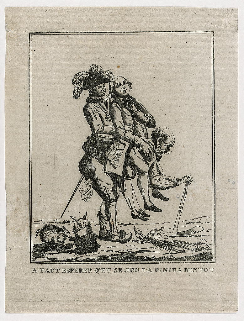 A 1789 caricature: a bent, ragged peasant of the Third Estate carries a richly dressed clergyman and nobleman on his back.